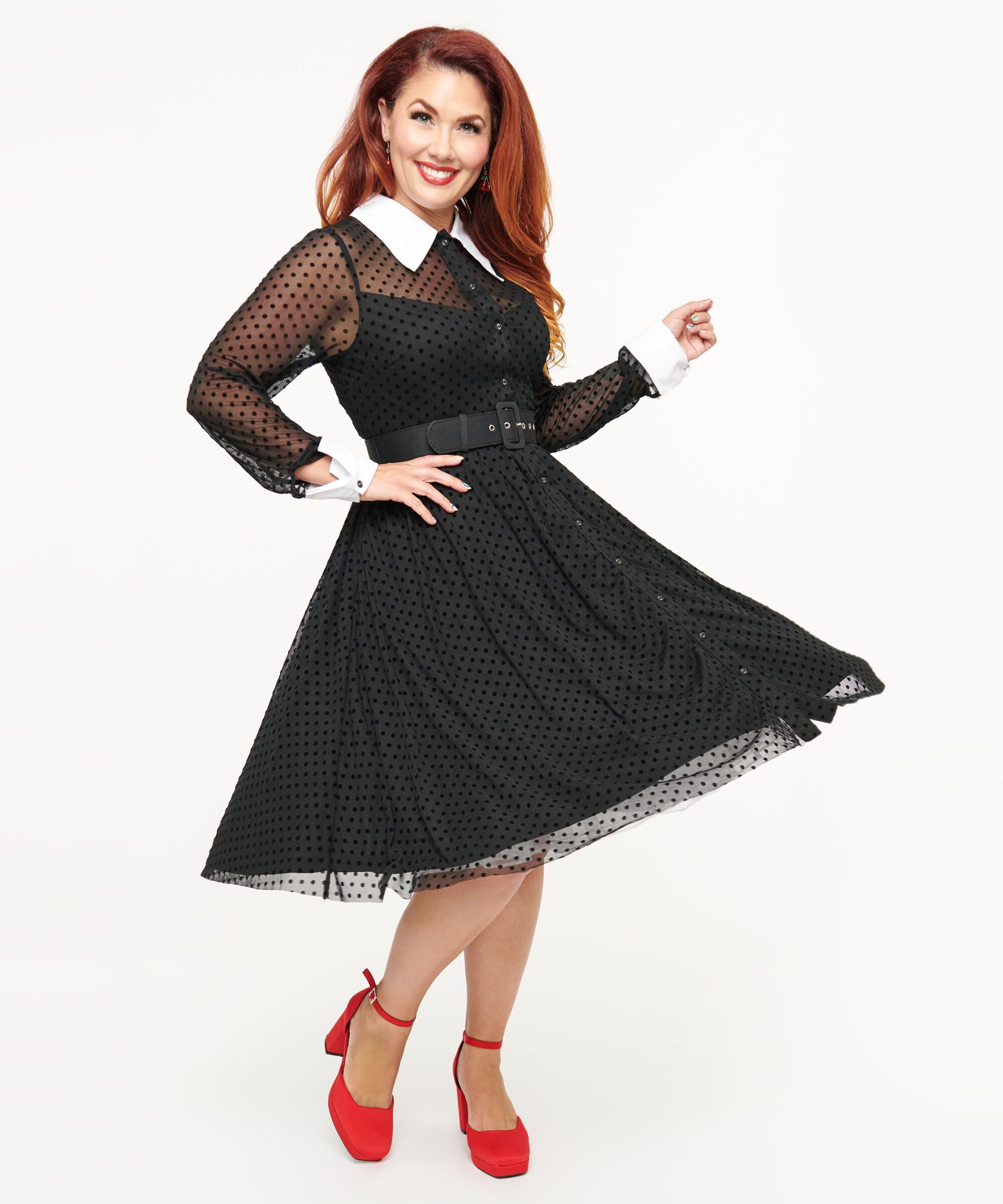 Unique Vintage 1950s Black Polka Dot Tulle Swing Dress