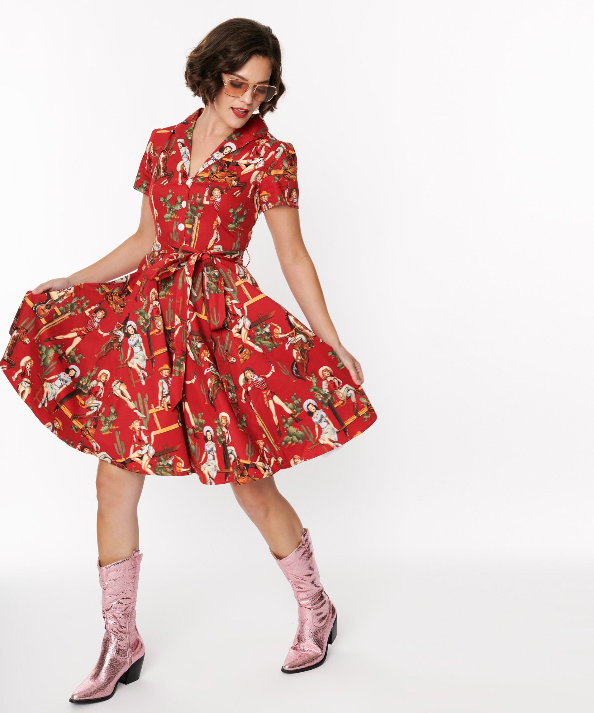 Red & Cowgirl Print Swing Shirt Dress