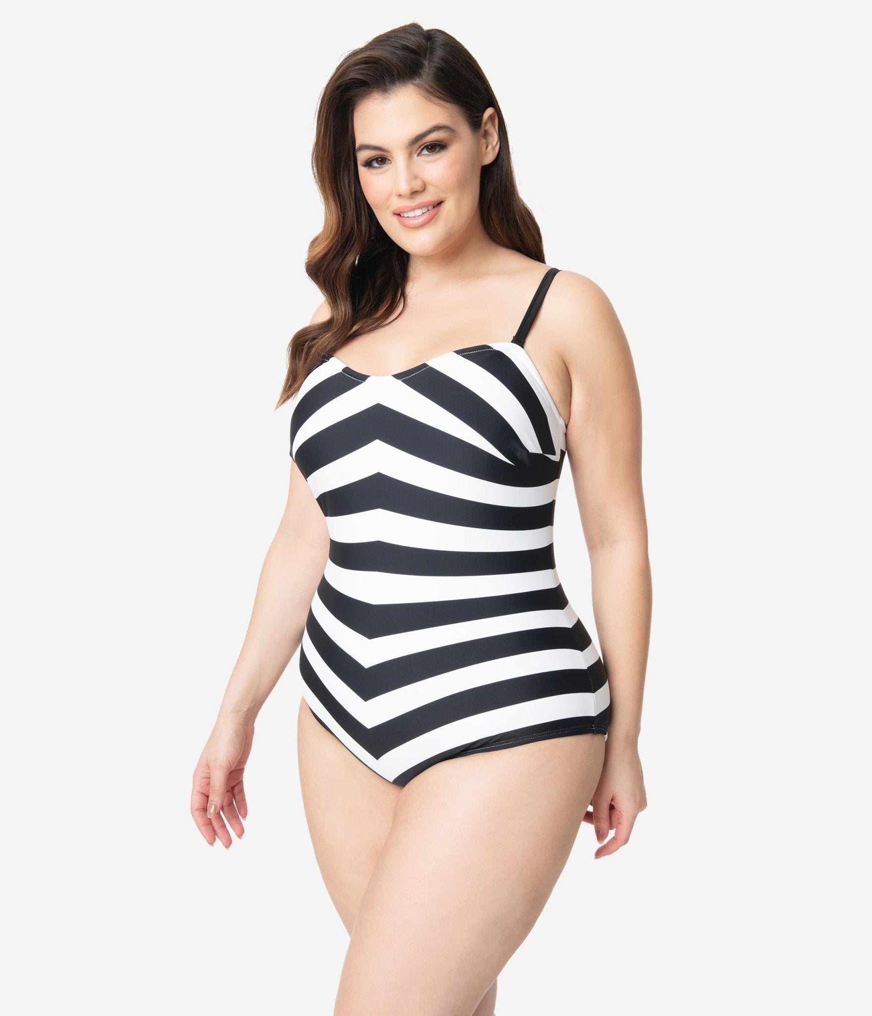 Barbie™ x Unique Vintage Plus Size Black & White Chevron Stripe One Piece Bathing Suit