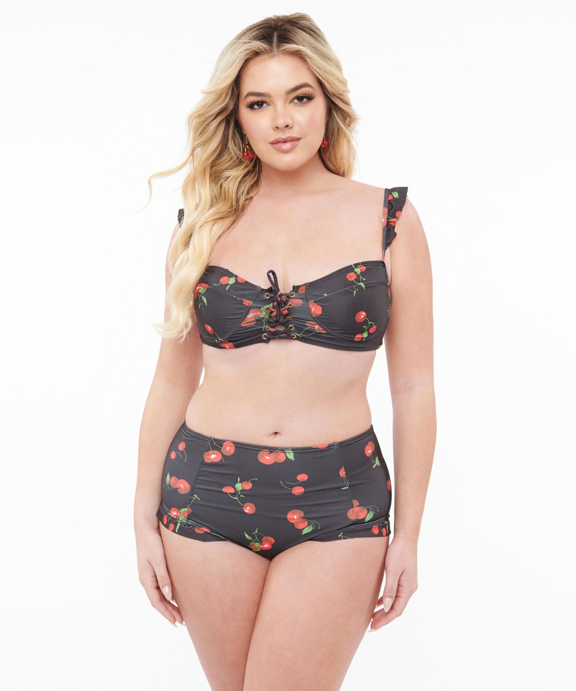 Black & Cherry Print Two Piece Swim Set
