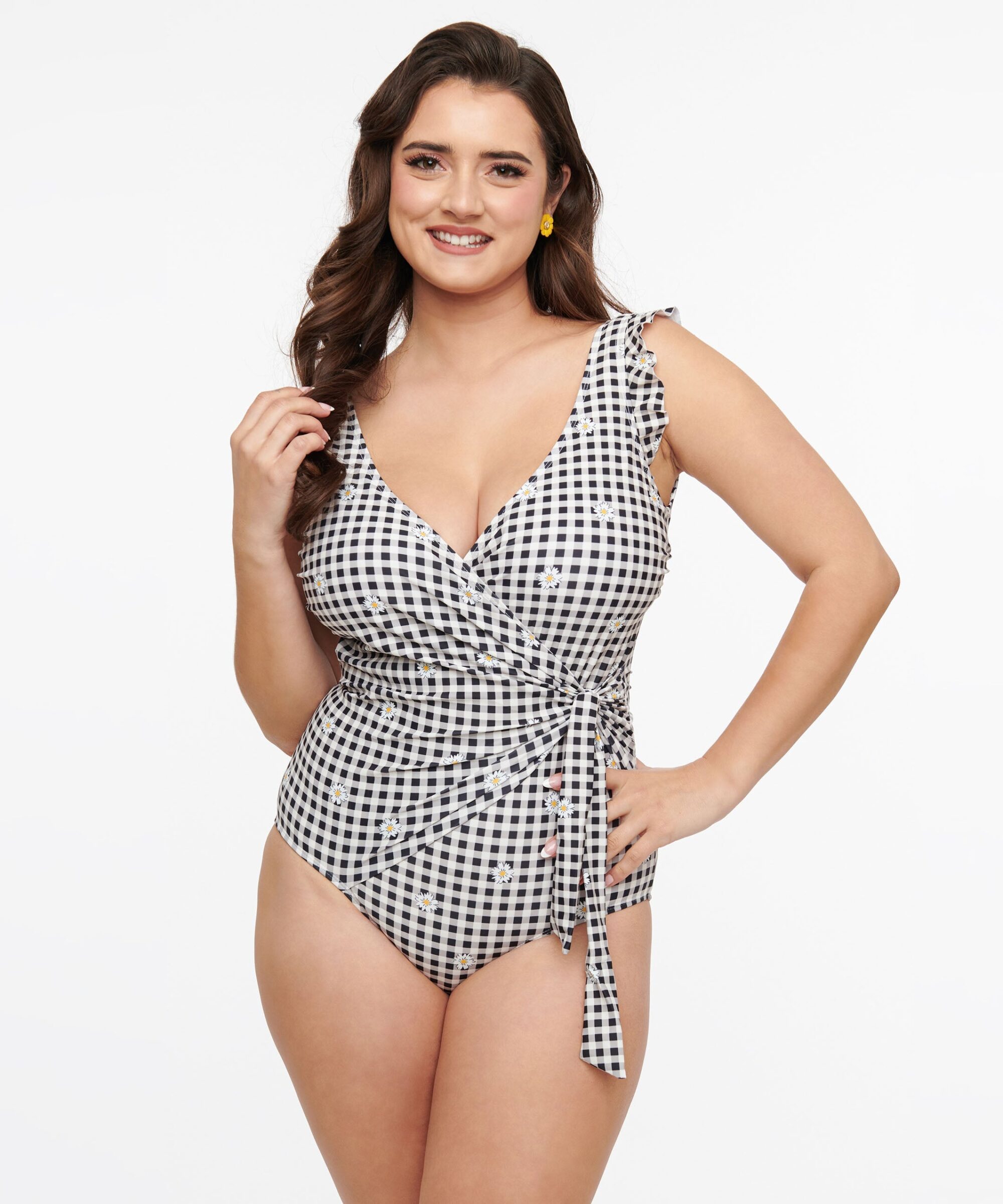 Black & White Daisy Gingham Wrap One Piece Swimsuit