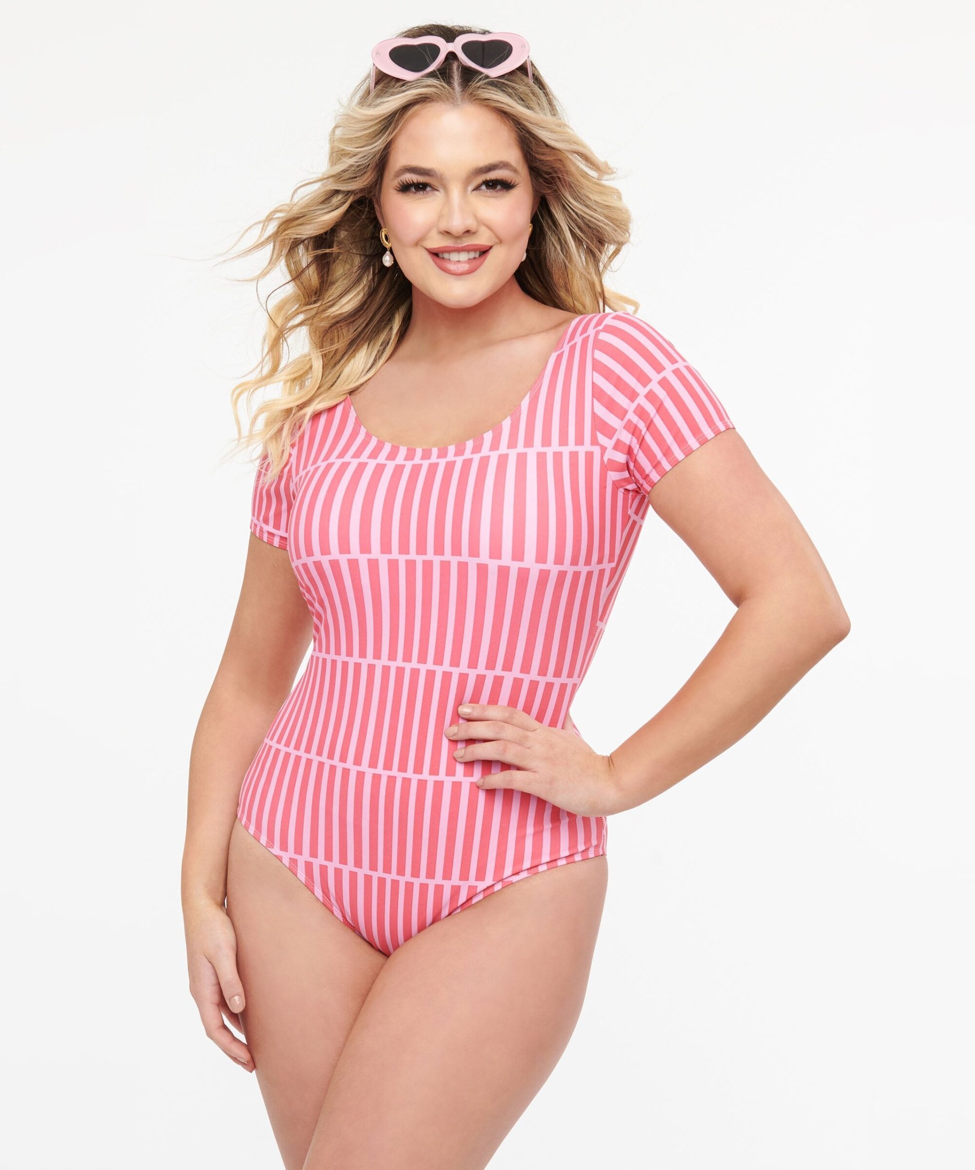 Pink Stripe Sleeved One Piece Swimsuit
