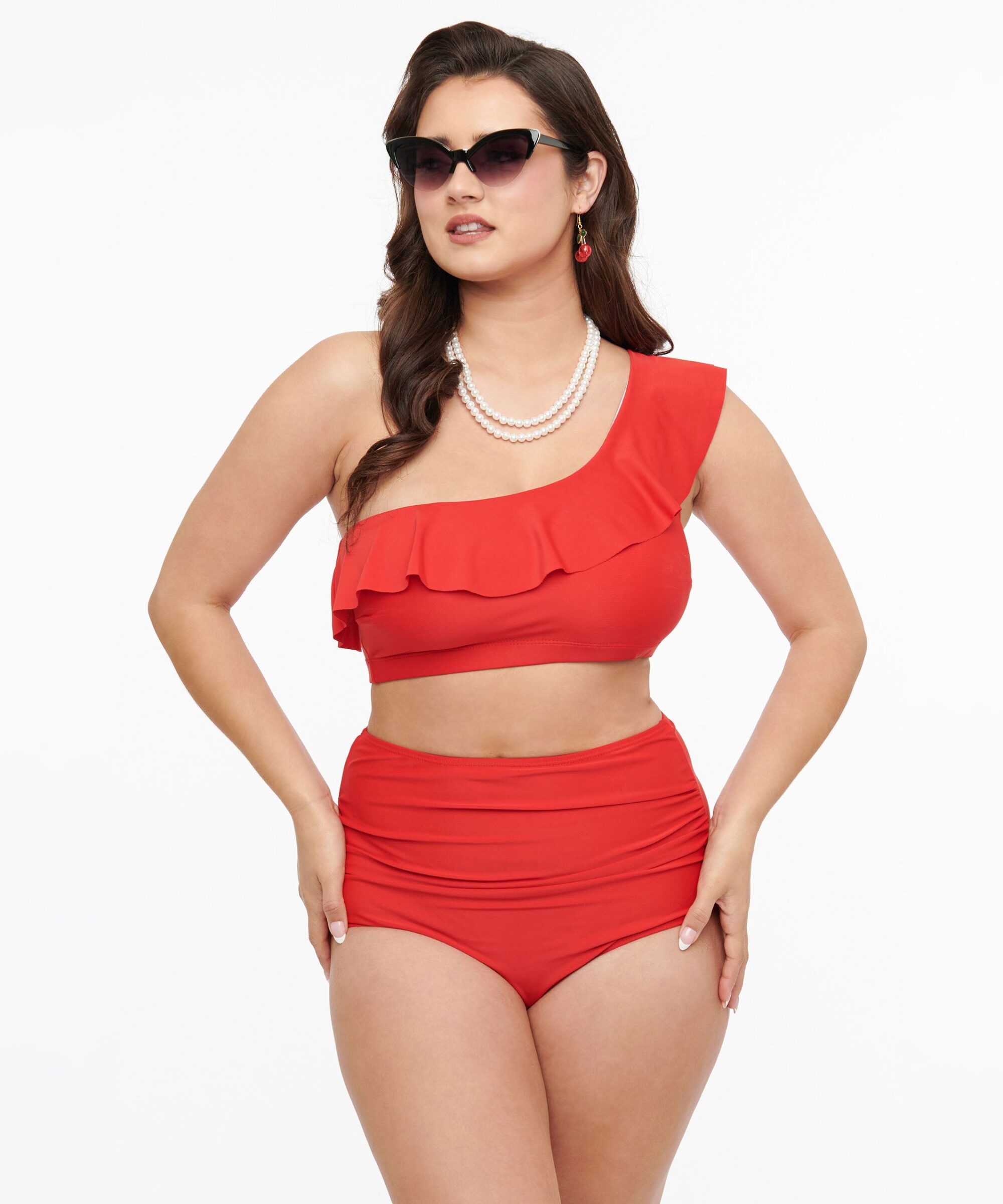 Red Asymmetric One Shoulder Ruffled Two Piece Swim Set