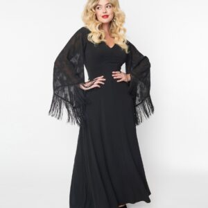 Smak Parlour 1970s Black Floral Fringe Sleeve Stevie Maxi Dress