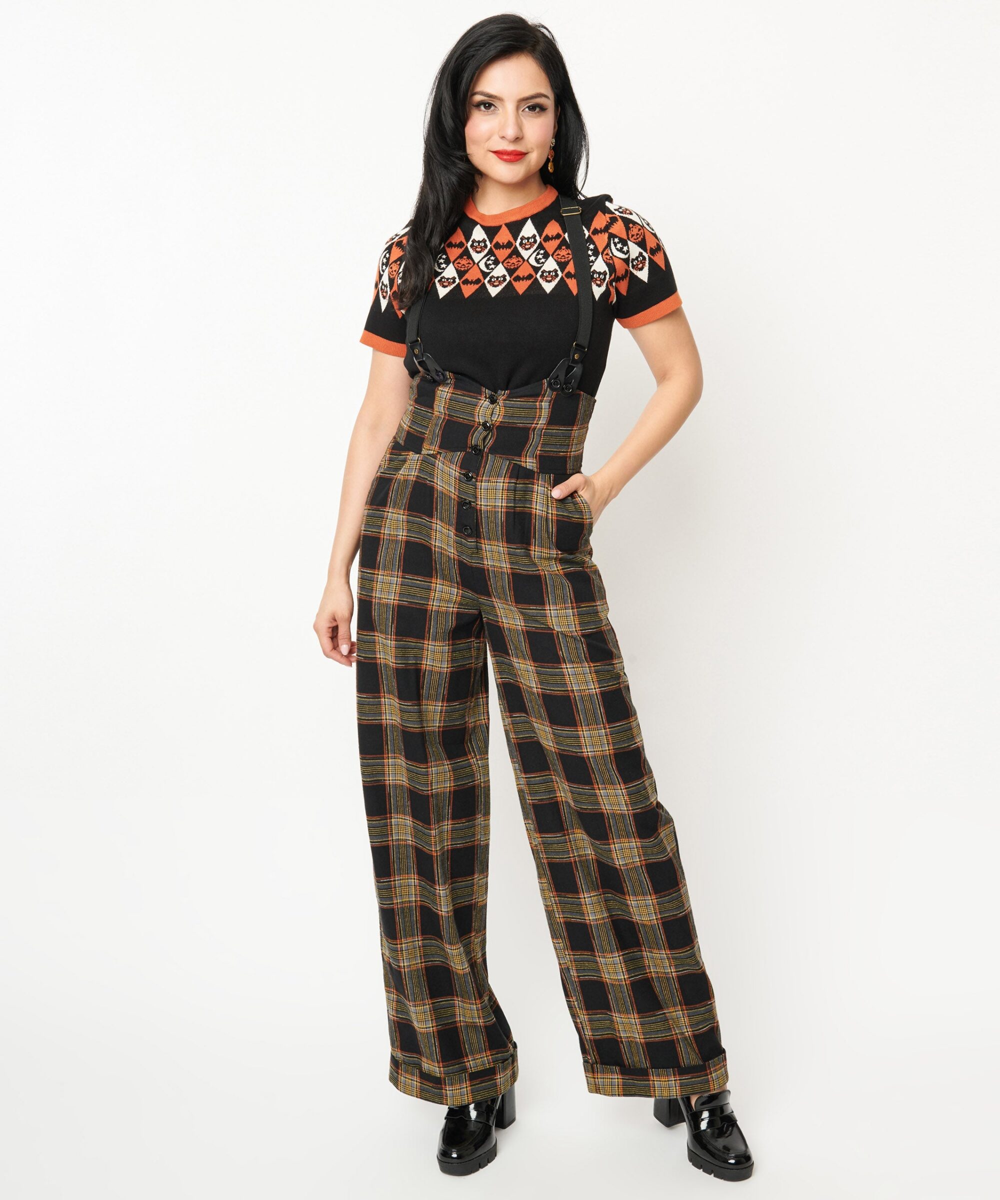 Unique Vintage 1930s Black & Orange Plaid Thelma Suspender Pants