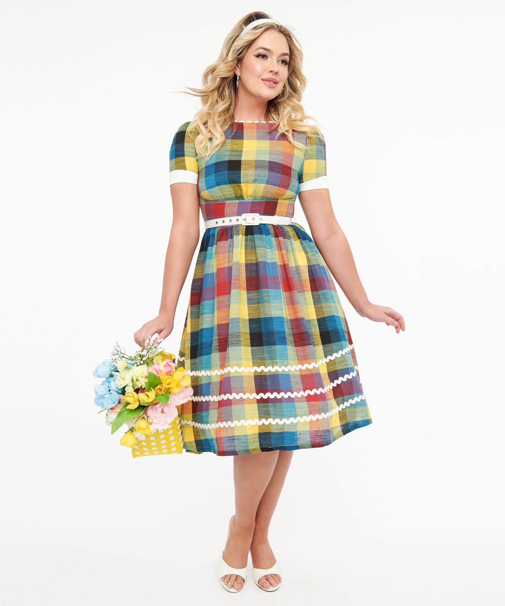 Unique Vintage 1950s Multicolor Plaid Cotton Swing Dress