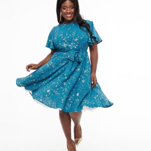 Unique Vintage Plus Size 1930s Teal & Gold Star Swing Dress