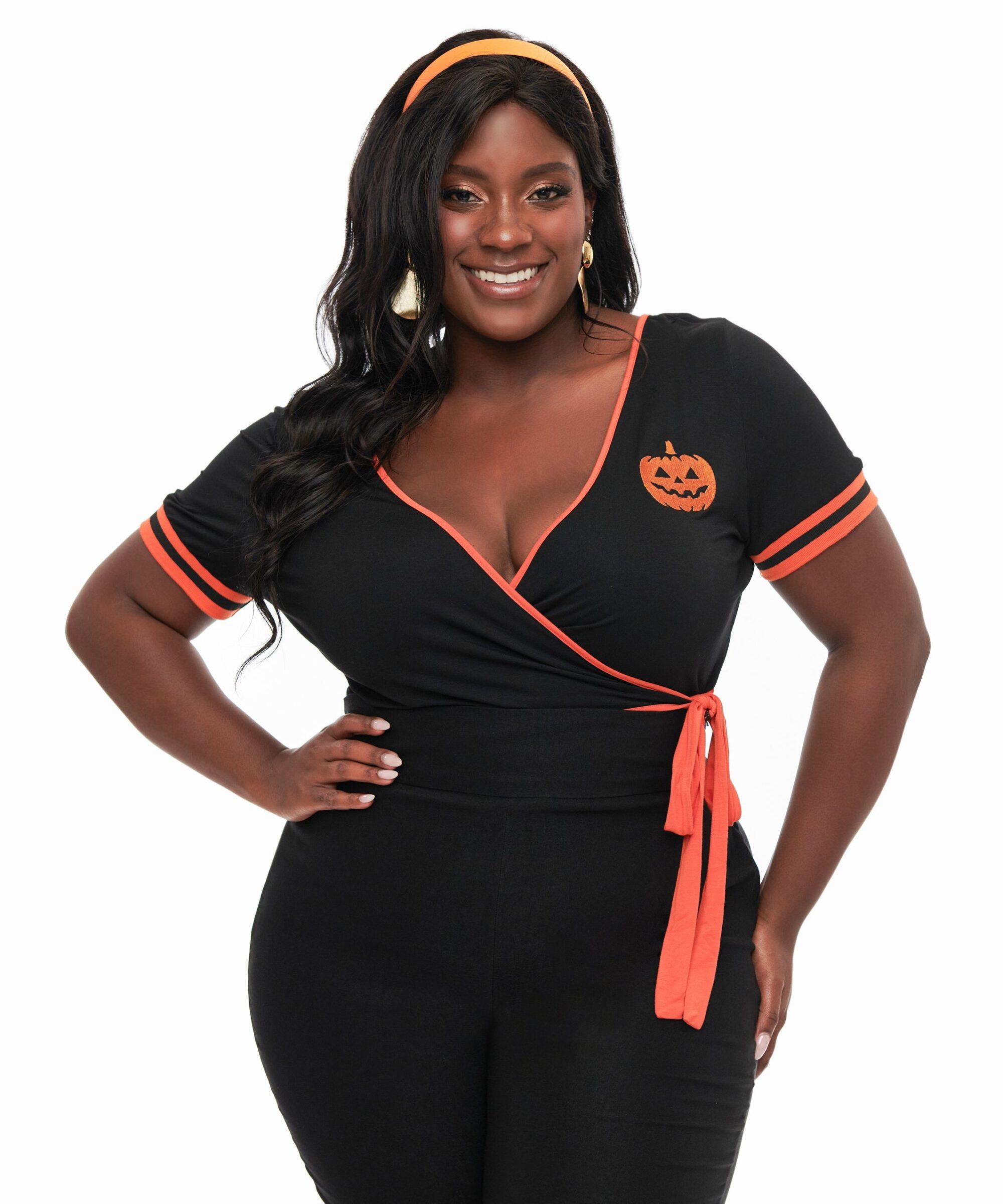 Unique Vintage Plus Size 1970s Black & Orange Pumpkin Surplice Bodysuit
