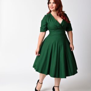 Unique Vintage Plus Size Emerald Green Delores Swing Dress with Sleeves