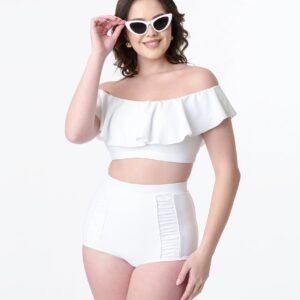 Unique Vintage White Ruched Swim Bottom